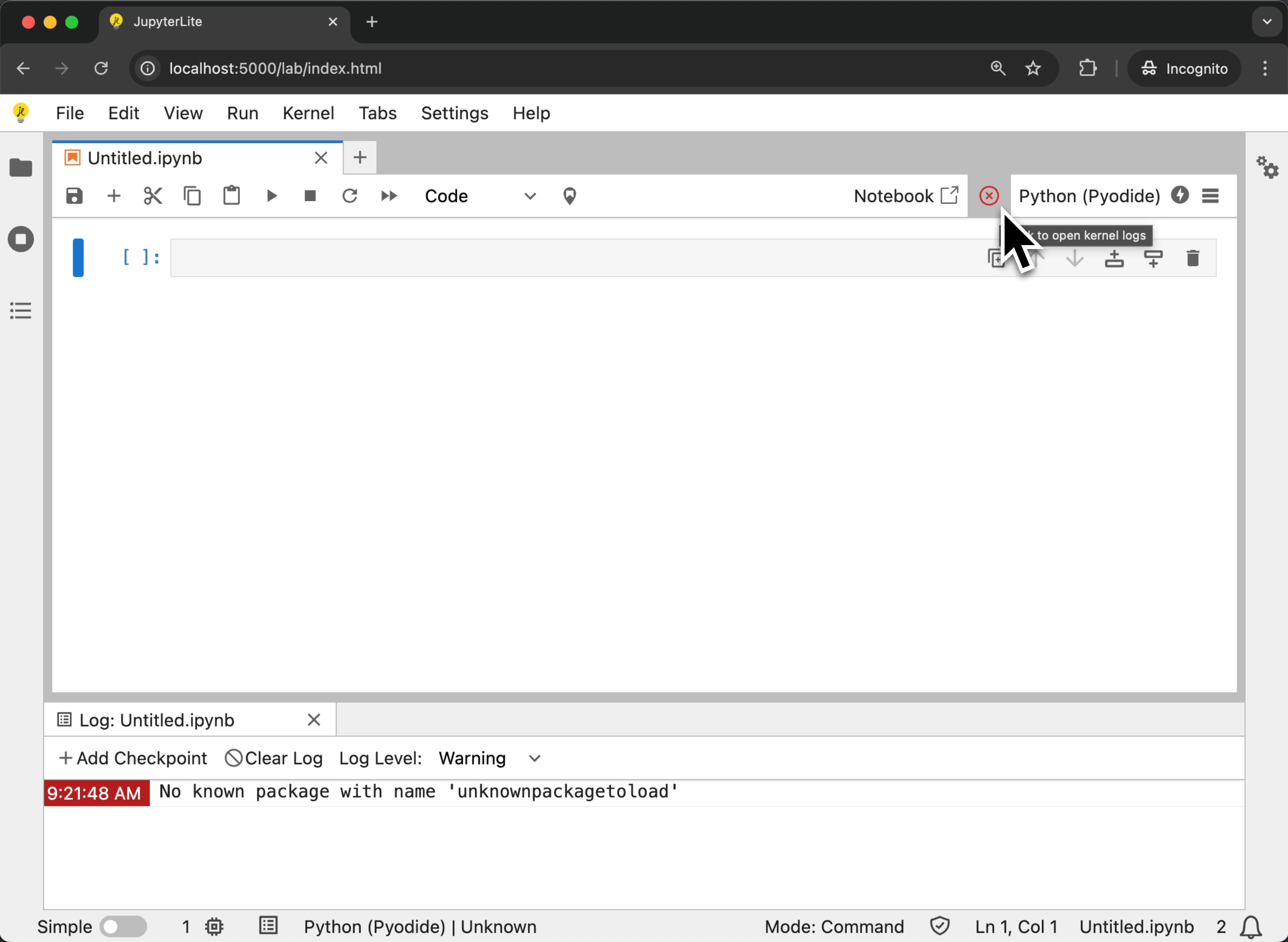 a screenshot showing the kernel status notebook toolbar item and the log console in JupyterLite